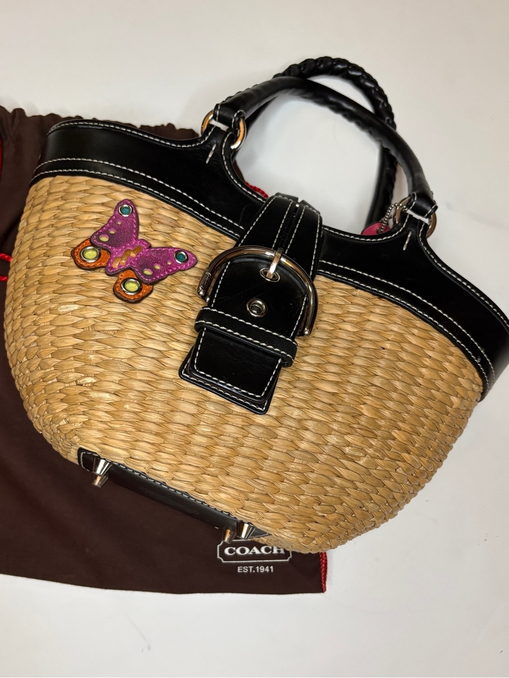Coach Soho Butterfly Straw Basket Tote black leather trim whimsical Y2K